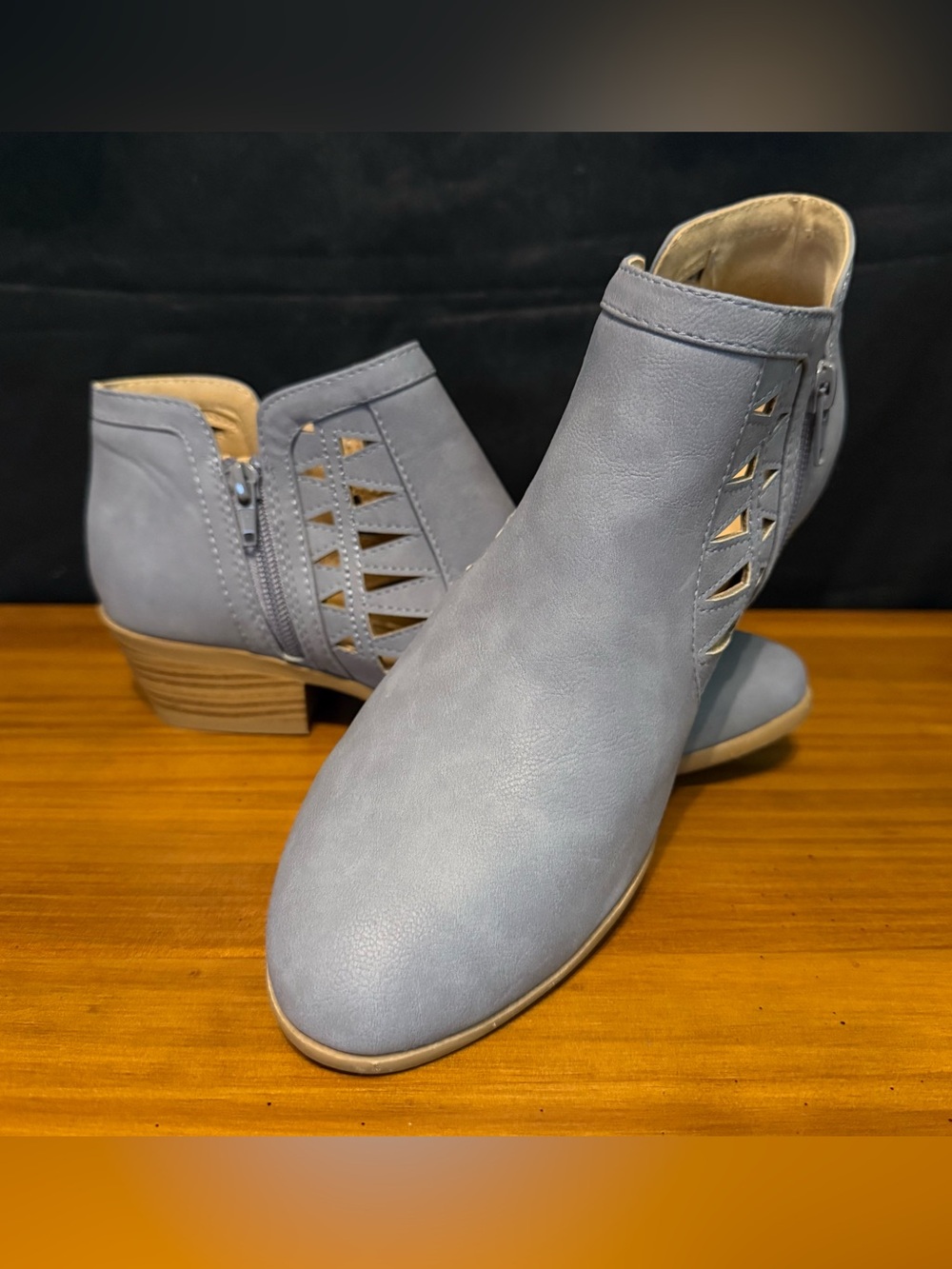 Soda Women's Perforated Cut Out Stacked Block Heel Ankle Blue Boots Size 8.5